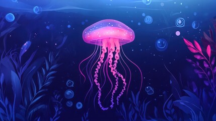A mesmerizing pink jellyfish gracefully floats amidst vibrant underwater flora, bathed in a cool blue light.  The scene evokes a sense of serene beauty and wonder.