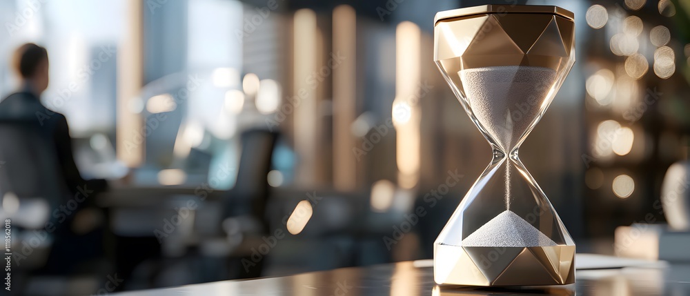 Poster elegant hourglass on a wooden table in a modern office setting, symbolizing the passage of time and 