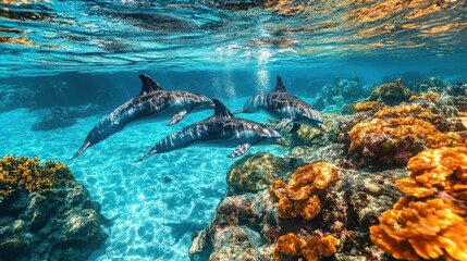Naklejka premium Three dolphins gracefully swim through a vibrant coral reef, sunlight illuminating the scene in a breathtaking underwater spectacle.
