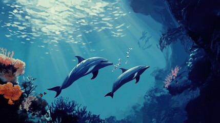 Fototapeta premium Two dolphins swim gracefully through a vibrant coral reef, sunlight filtering through the water above. A serene underwater scene.