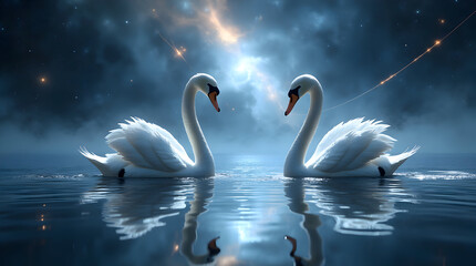 Fototapeta premium Two Majestic Swans in Love Under a Starry Night Sky Serene Lake Reflections