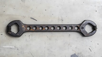 A long, metal wrench with dual ends and multiple holes, set against a neutral background.