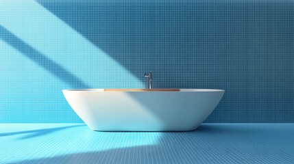 Modern bathtub in a bright blue tiled bathroom, sunlit.