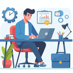 a boy is using his laptop vector