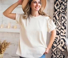 Blank soft. cream t-shirt mockup clothing apparel woman.