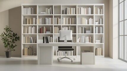 A white room with a large bookshelf filled with books, a desk, a computer, and a small plant.