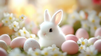 Obraz premium Easter bunny with eggs and flowers on a meadow, AI-generated