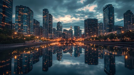 Obraz premium A city skyline reflecting on water at dusk, showcasing urban lights and architecture.