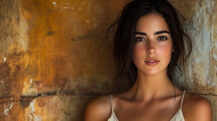 Fototapeta premium Stunning Freckled Brunette Woman Portrait: Closeup Beauty Photography