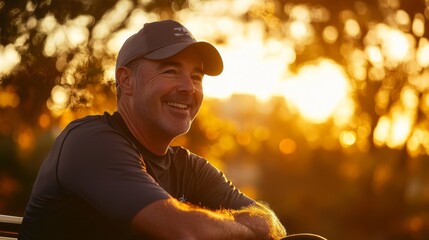Obraz premium Happy Man Smiling at Sunset: Golden Hour Portrait