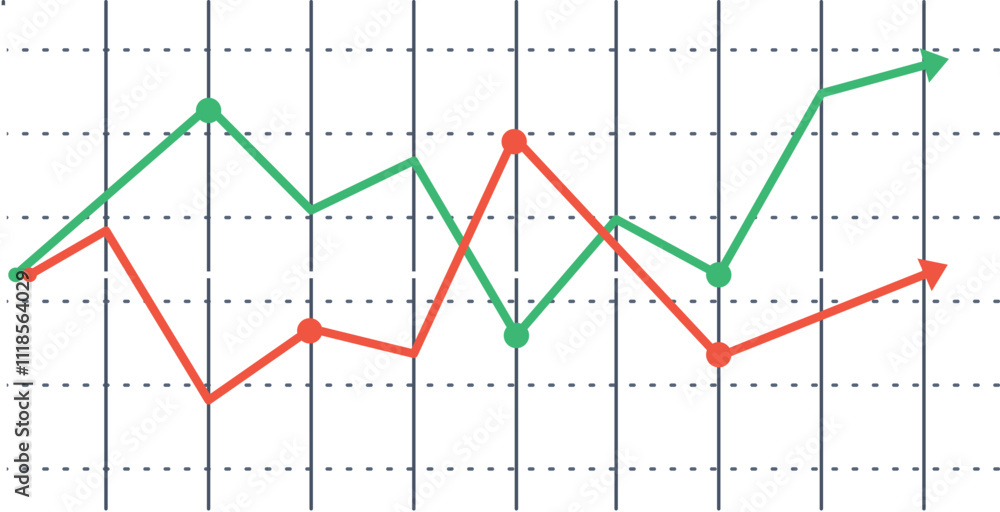 Poster two lines are representing increasing and declining trends over a grid background, symbolizing marke
