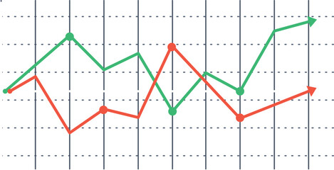 Two lines are representing increasing and declining trends over a grid background, symbolizing market analysis, financial performance, or business progress