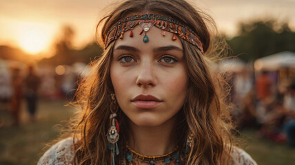 Mujer bohemia hermosa con ojos azules en un festival durante el atardecer