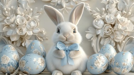 White bunny with elegant Easter eggs, AI-generated