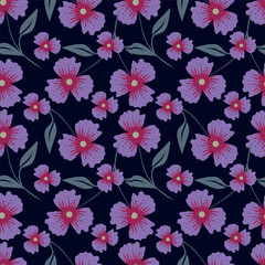 Vector seamless pattern. Pretty pattern in small flowers. Small pink, white and yellow flowers. Dark blue background. Ditsy floral background. Trendy template for fashion prints. Stock vector.