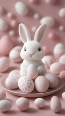Pastel composition with Easter bunny and eggs, AI-generated