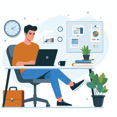 a boy is using his laptop vector