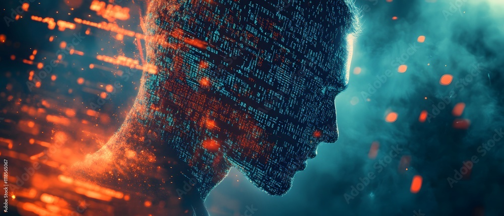 Fototapete Abstract Representation of Digital Transformation with Human Silhouette Overlaid by Numeric Data and Colorful Light Effects Emphasizing Technology and Innovation