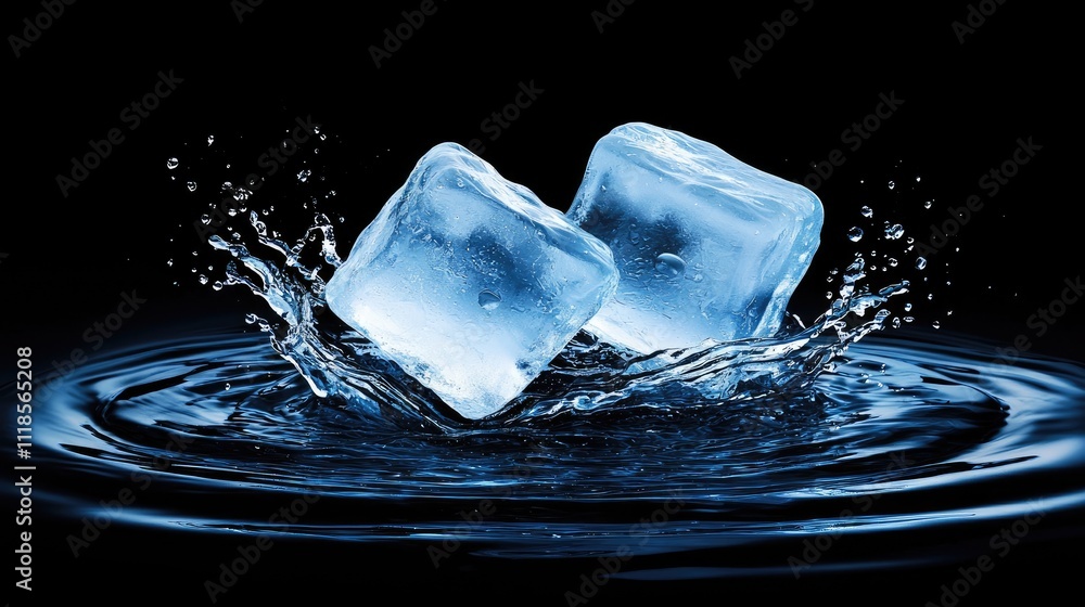Poster ice cubes splashing in water captured in high-definition studio environment close-up viewpoint for s