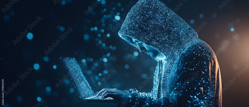Poster mysterious figure in hooded jacket engaged with laptop surrounded by digital particles and glowing l