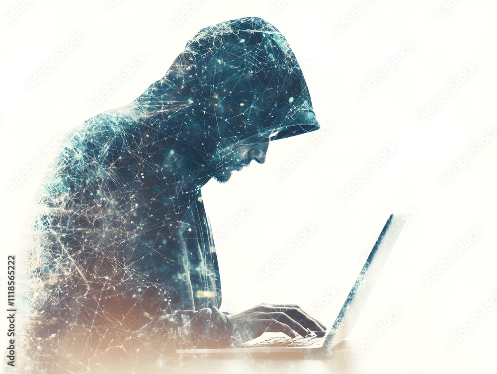 Poster cybersecurity concept featuring hooded figure using laptop surrounded by digital connections and dat