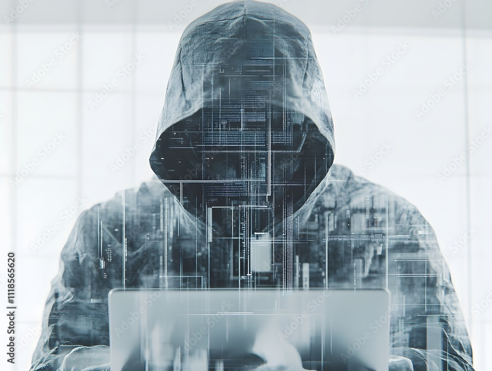 Aufkleber Mysterious Figure in Hooded Jacket Working on Laptop Surrounded by Digital Code and Data Visualizations Suggesting Cybersecurity and Technology Themes