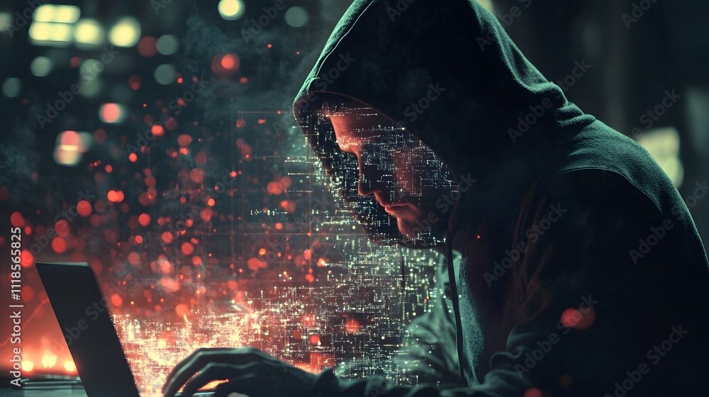 Aufkleber Mysterious H hacker in a dark hoodie working on a laptop with digital data visualization and cyber elements representing technology and information security