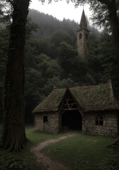church in the mountains with tall tower in the background with dense fog and foresty trees