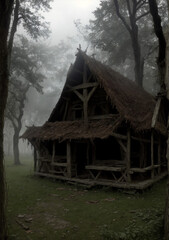 scary abandoned cottage in the woods with a misty morning and haunted vibes