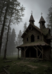 old church in the woods in the morning with spooky haunting aura