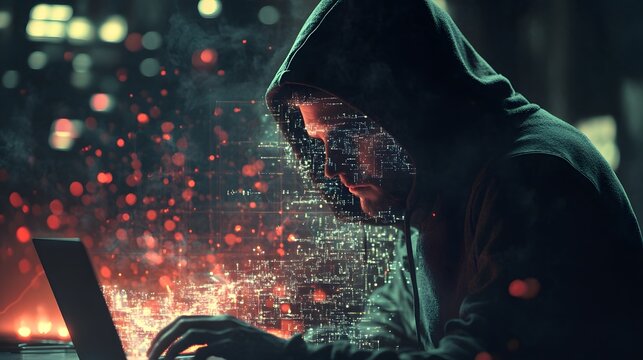 Mysterious H hacker in a dark hoodie working on a laptop with digital data visualization and cyber elements representing technology and information security