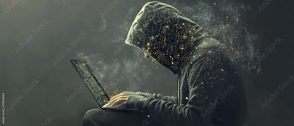 Poster creative digital concept of a hooded figure engaged with a laptop, representing the theme of technol