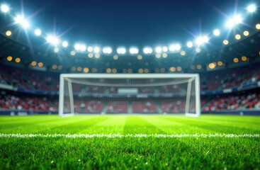 Football or soccer net background, goal back view with blurred stadium and field pitch.