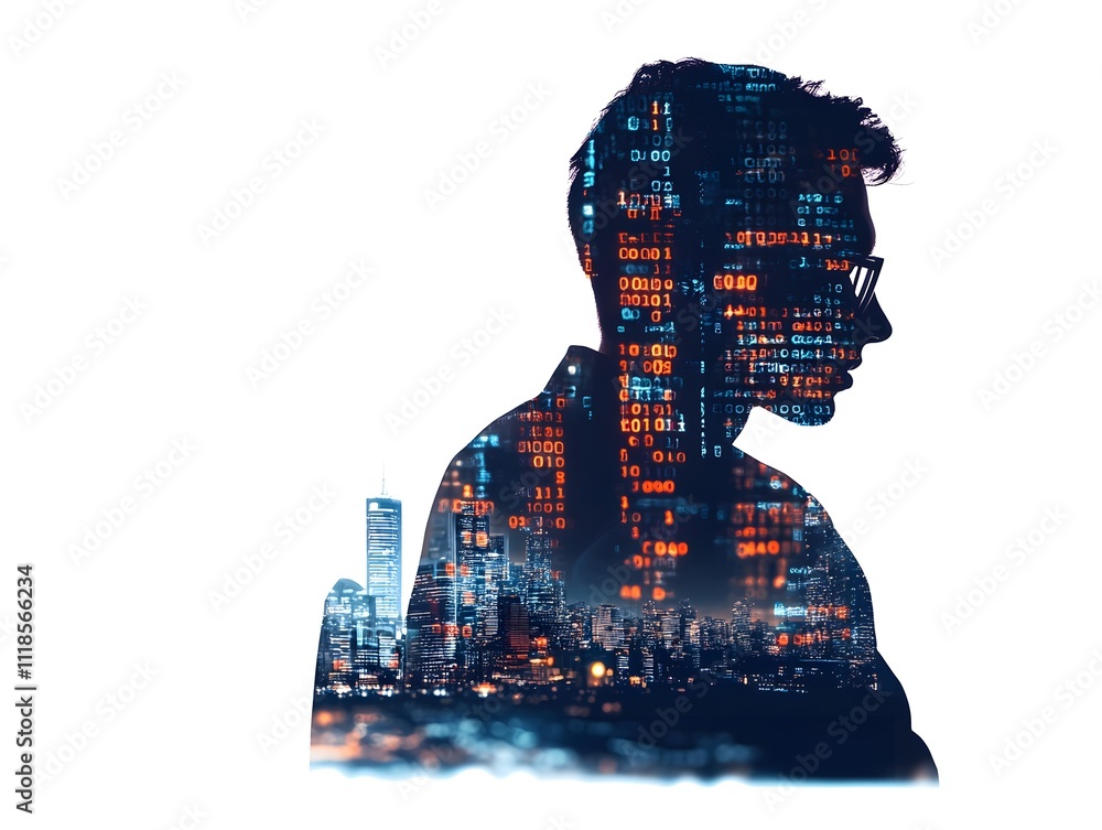 Poster silhouette of a thoughtful individual with digital data overlay and urban skyline in the background,