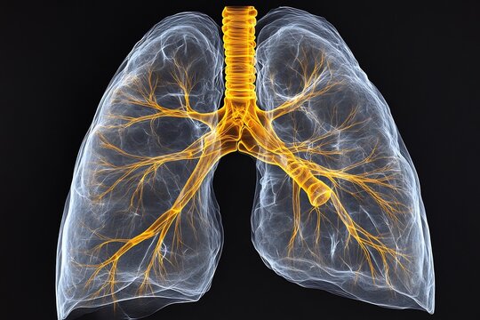 Highcontrast structure visualization of bronchial tree highlighting the delicate tubes and the surrounding lung tissue