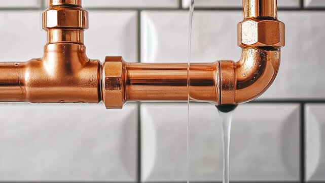Close-up of shiny copper pipes with a small water leak, dripping against a tiled kitchen wall. The image indicates issues in household plumbing systems.