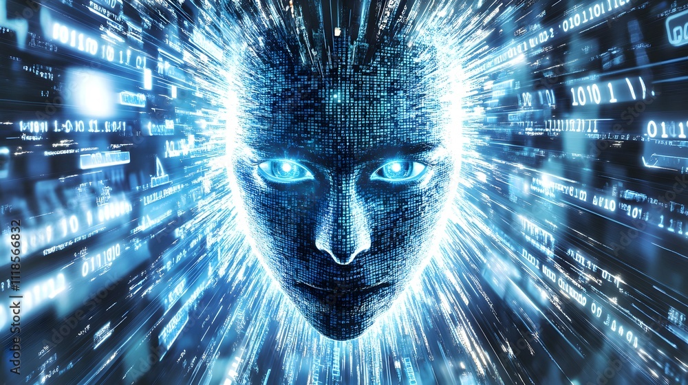 Poster futuristic digital human face emanating energy and data streams with glowing blue eyes representing 