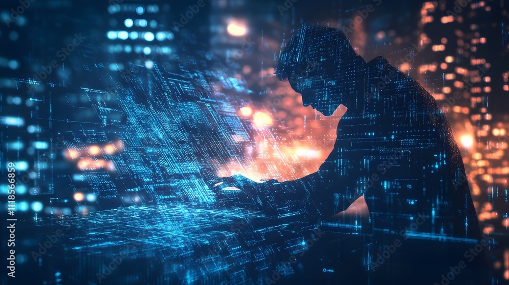 Fototapete Silhouette of a Man Working on a Digital Interface with Abstract Binary Code Against a Cityscape Background at Night, Symbolizing Technology and Innovation