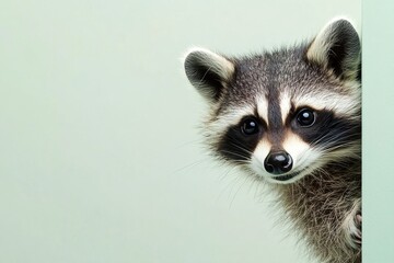 adorable mischievous raccoon peeking out from the side mint color background with copy space