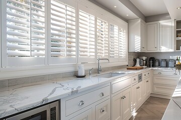 White grey minimal kitchen subway tile stainless steel appliance modern plantation shutters sink interior design