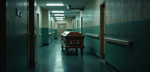 Coffin in empty hospital hallway at night