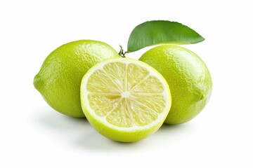 Fresh Green Lemon with Slice and Leaf