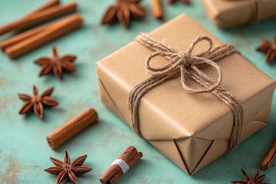 photo of a rustic Christmas gift box wrapped in brown craft paper with a twine bow on a soft green background surrounded by cinnamon sticks and star anise
