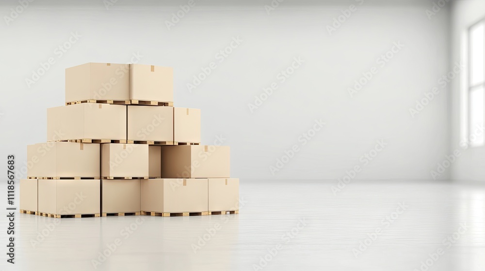 Poster pallets of boxes are neatly stacked in a spacious warehouse, ready for storage and packaging. the fa