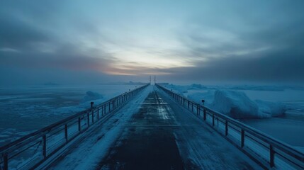 Obraz premium Winter Pier Extending Over Frozen Sea At Dusk