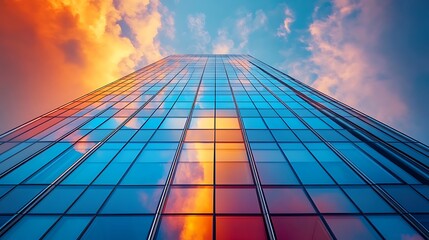 towering glass skyscraper reflecting the vibrant colors of a sunset sky