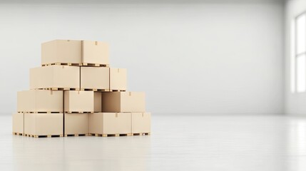 Pallets of boxes are neatly stacked in a spacious warehouse, ready for storage and packaging. The factory environment highlights an organized workspace for efficient operations