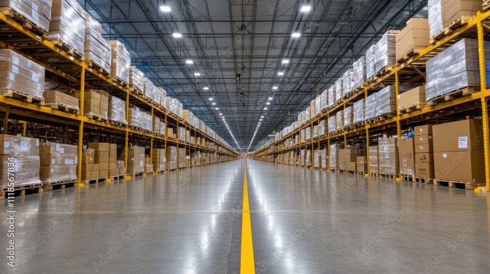 Poster large warehouse filled with stacked pallets of boxes, indicating an organized setup for storage and 
