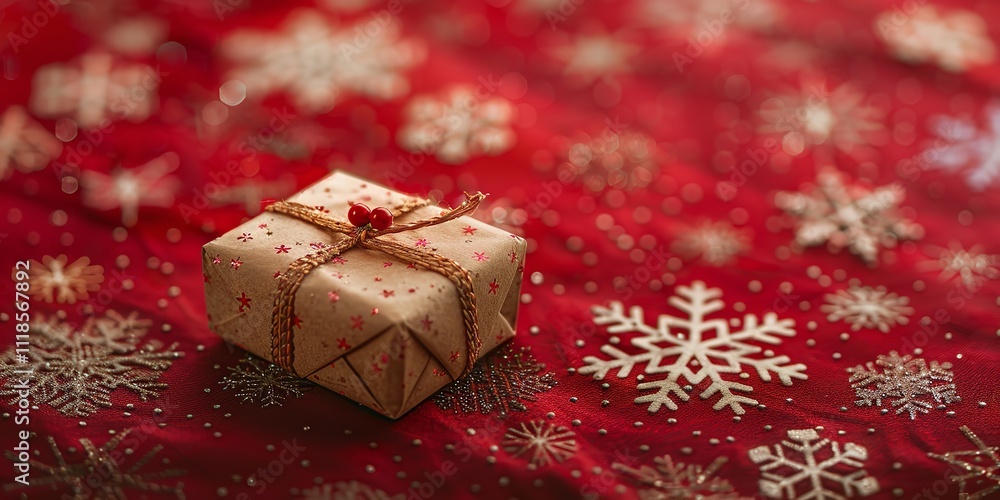 Poster a joyful christmas-themed paper with snowflakes strewn all over and a small gift set over a crimson 
