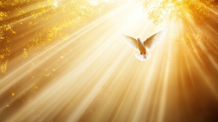 A white dove soars in a golden sunbeam, emanating from a forest canopy, symbolizing peace and hope.